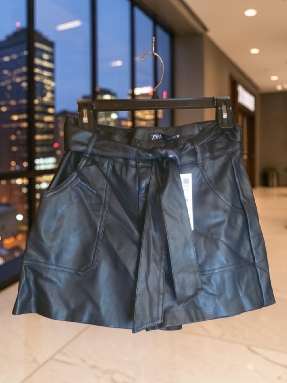 Zara NWT Faux Leather Paperbag Tie-Front High-Waisted Shorts - Black Medium